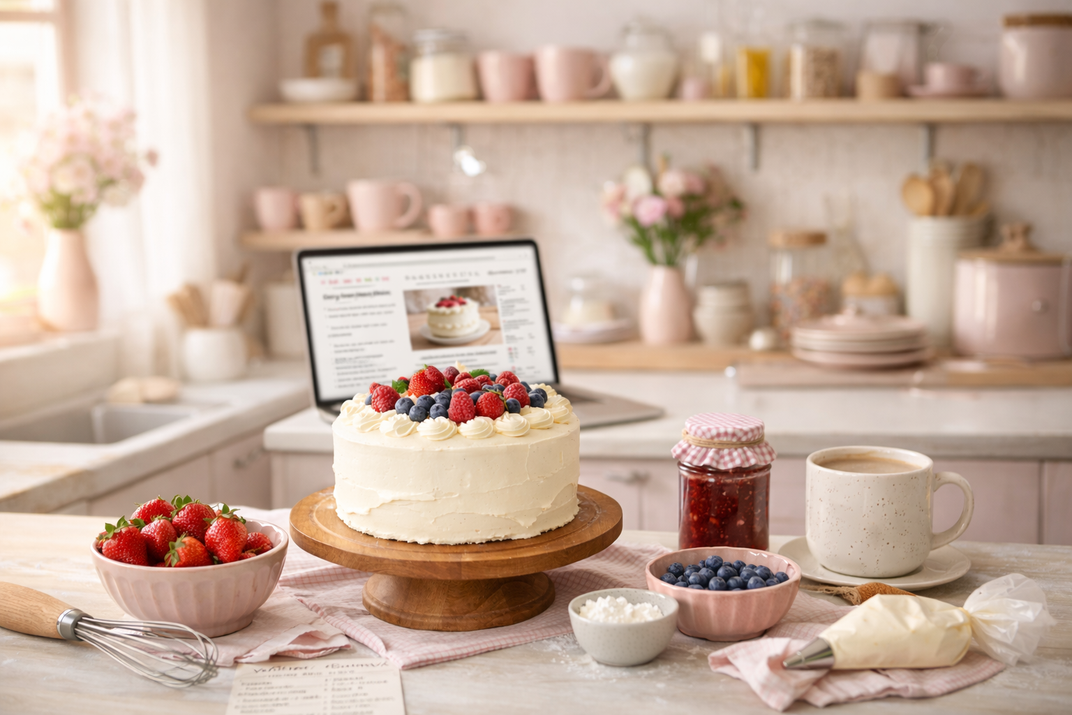 Cozy pastel kitchen with decorated cake